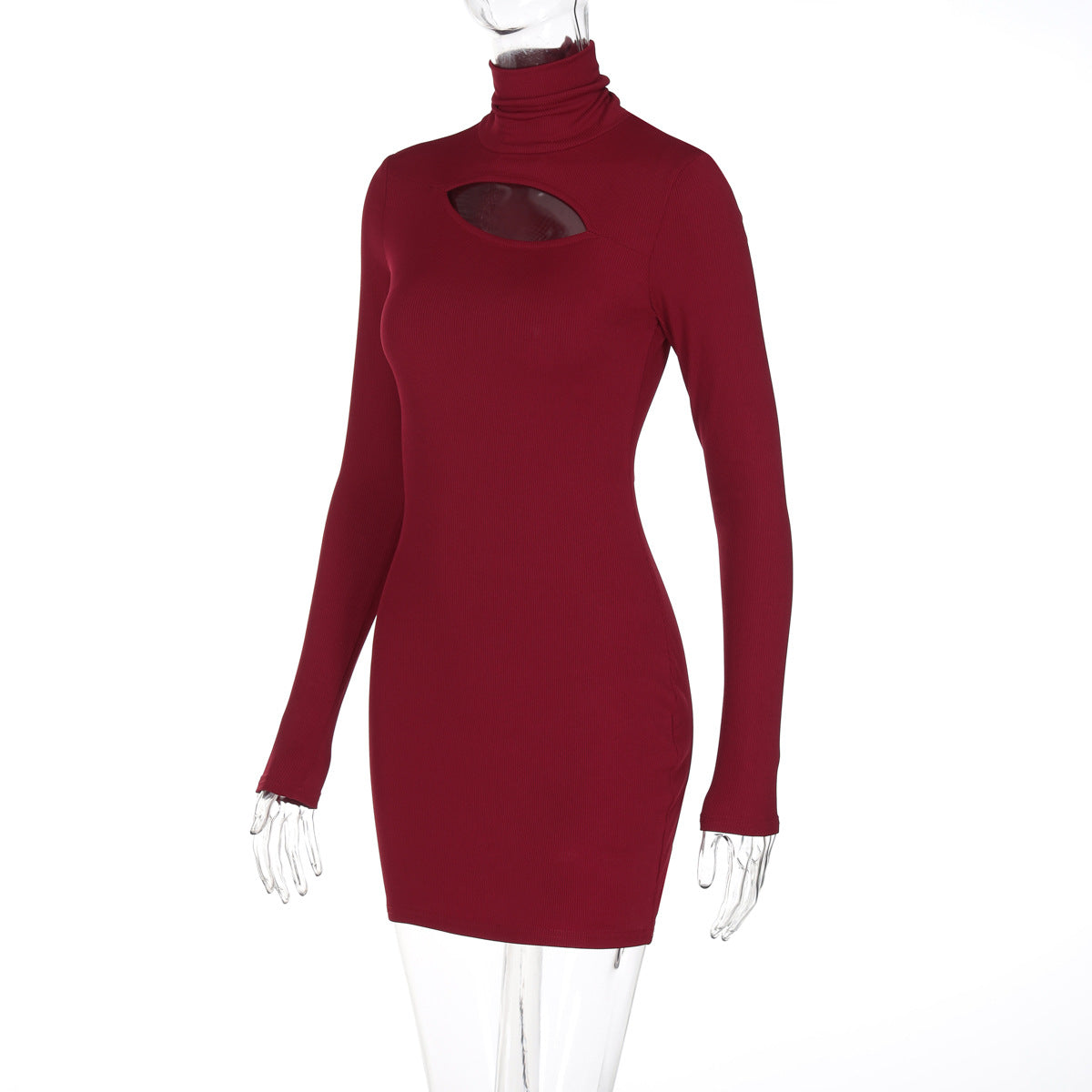 Women Fall Solid Half-High Neck Hollow Long Sleeve Bodycon Dress 9