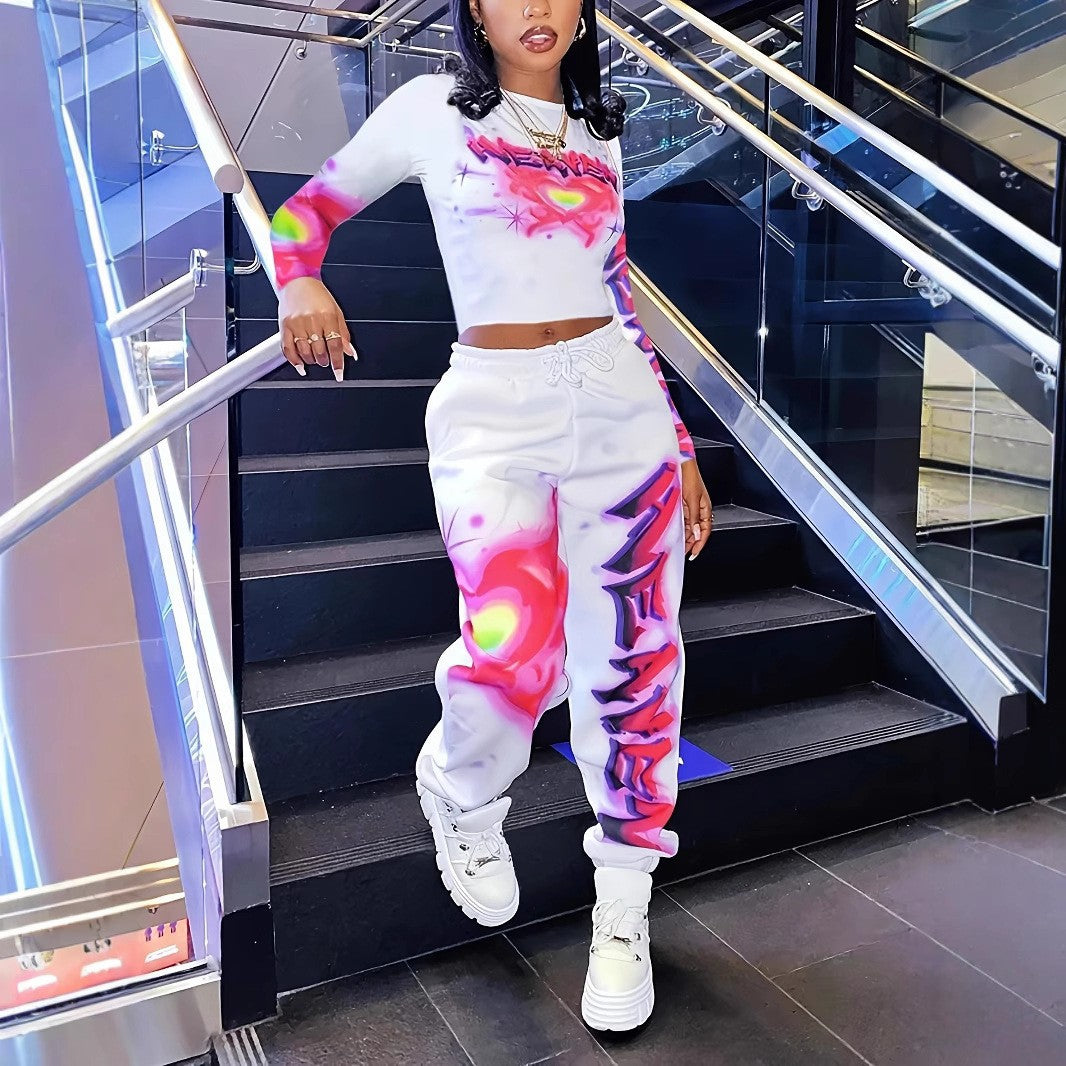 Spring Printed Fashionable Long Sleeve Two Piece Pants Set for Women 7