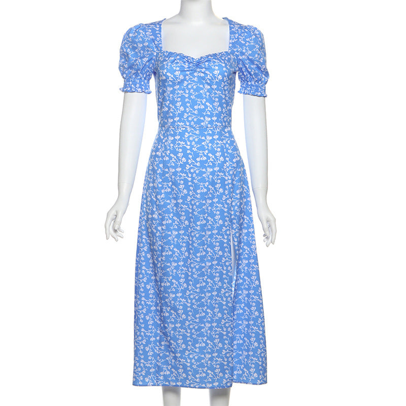 Women sexy square neck floral slit dress 9