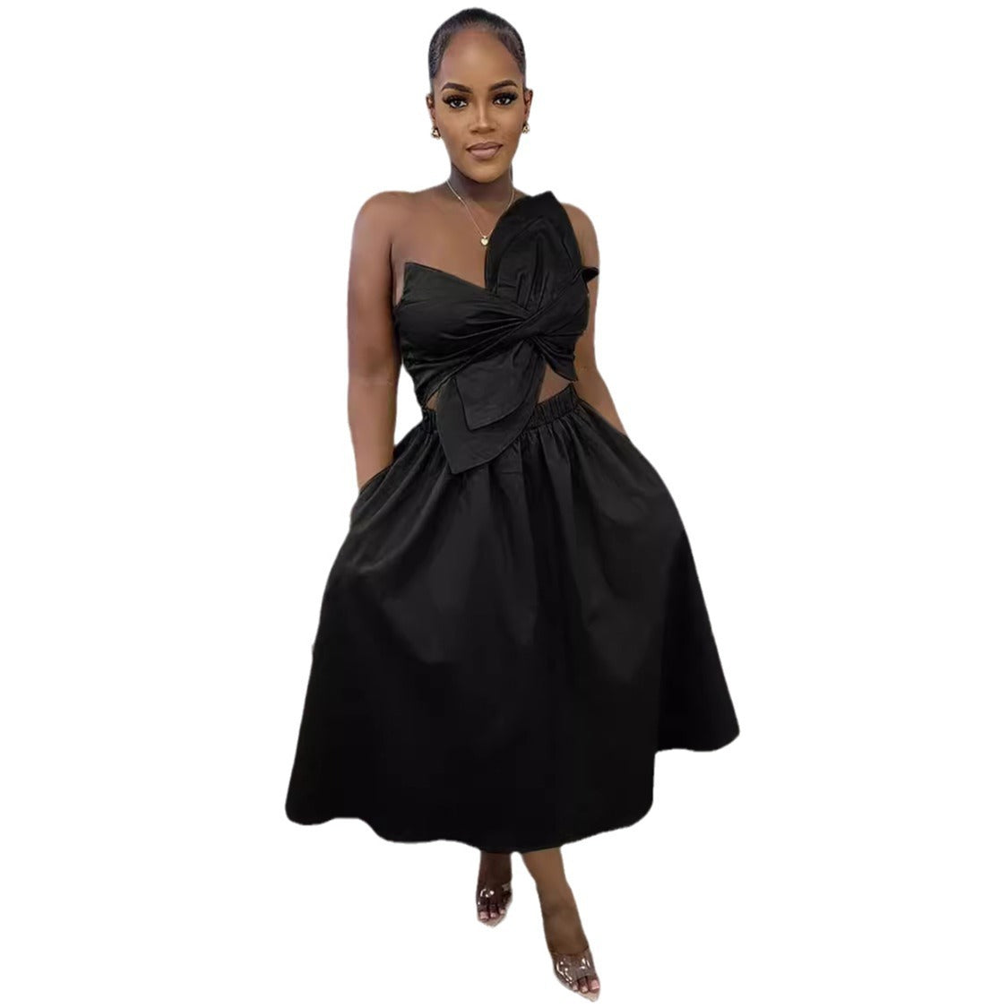 Sexy Solid Color One-Shoulder Petal Hollow Midi Dress 13