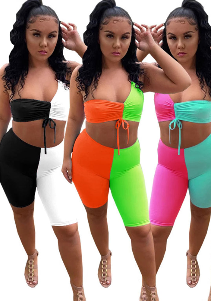Contrast Color One Shoulder Two Piece Shorts Set