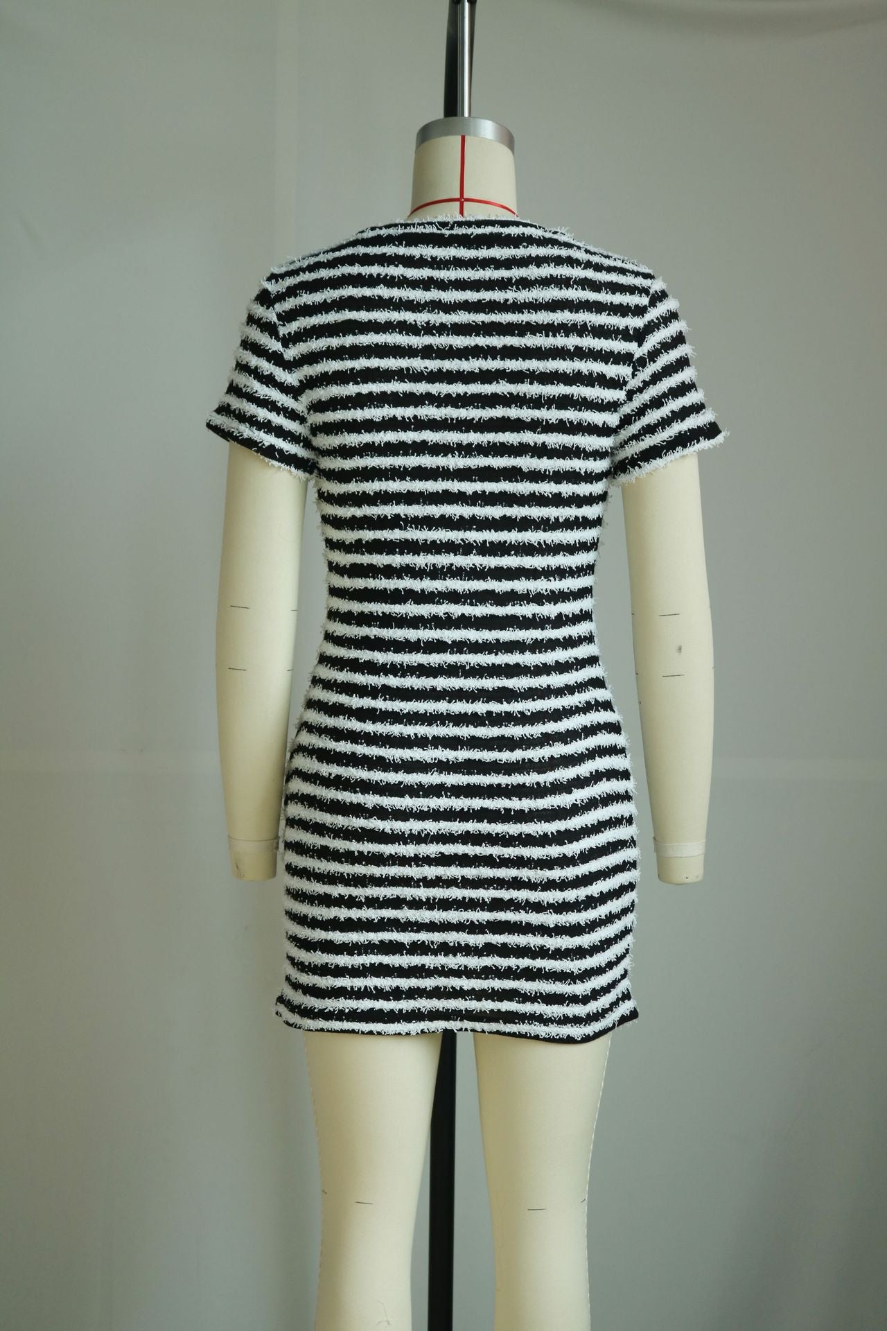 Knitting Stripe Sexy Slim Round Neck Short Sleeve High Waist Bodycon Dress 11