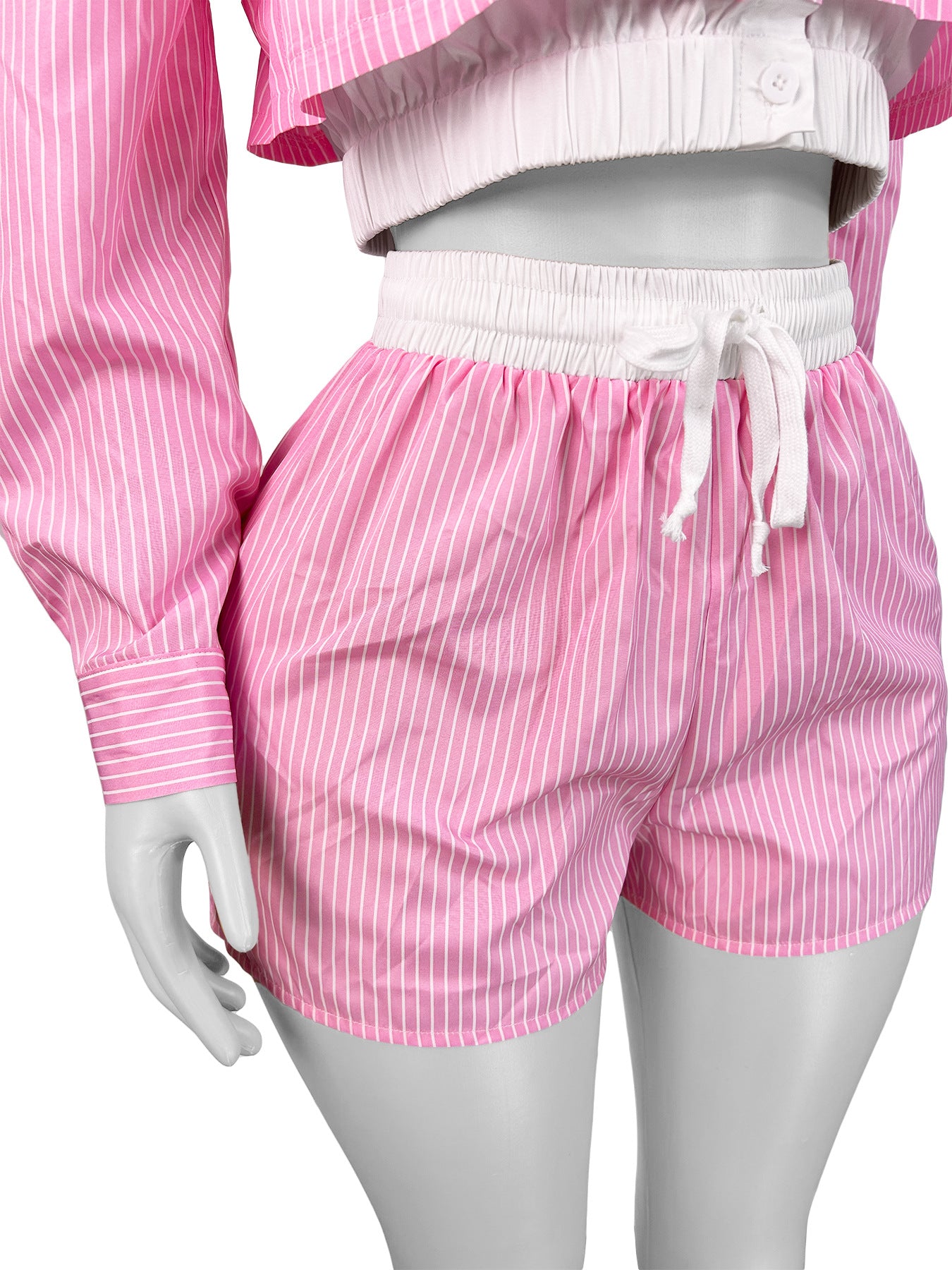 Women Turndown Collar Striped Long Sleeve Shirt Patchwork Shorts Two Piece Set 9