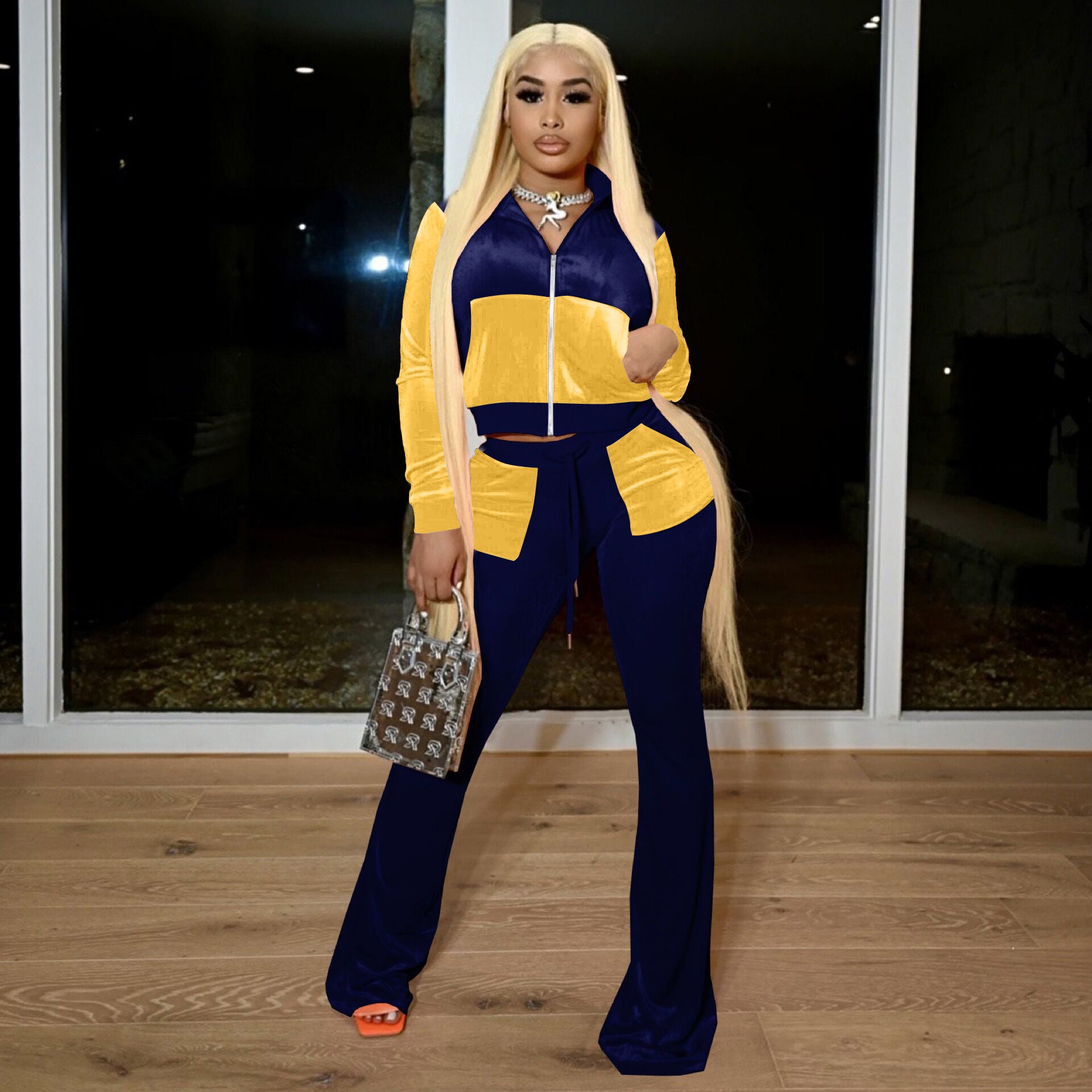 Women Solid Patchwork Crop Top and Bell Bottom Pant Two-piece Set 3