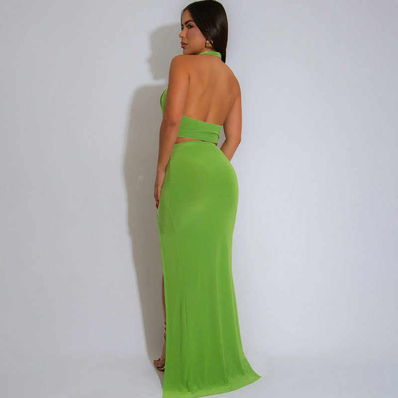 Women Spring Summer Sexy Halter Neck Backless Solid Bodycon Slit Dress 6