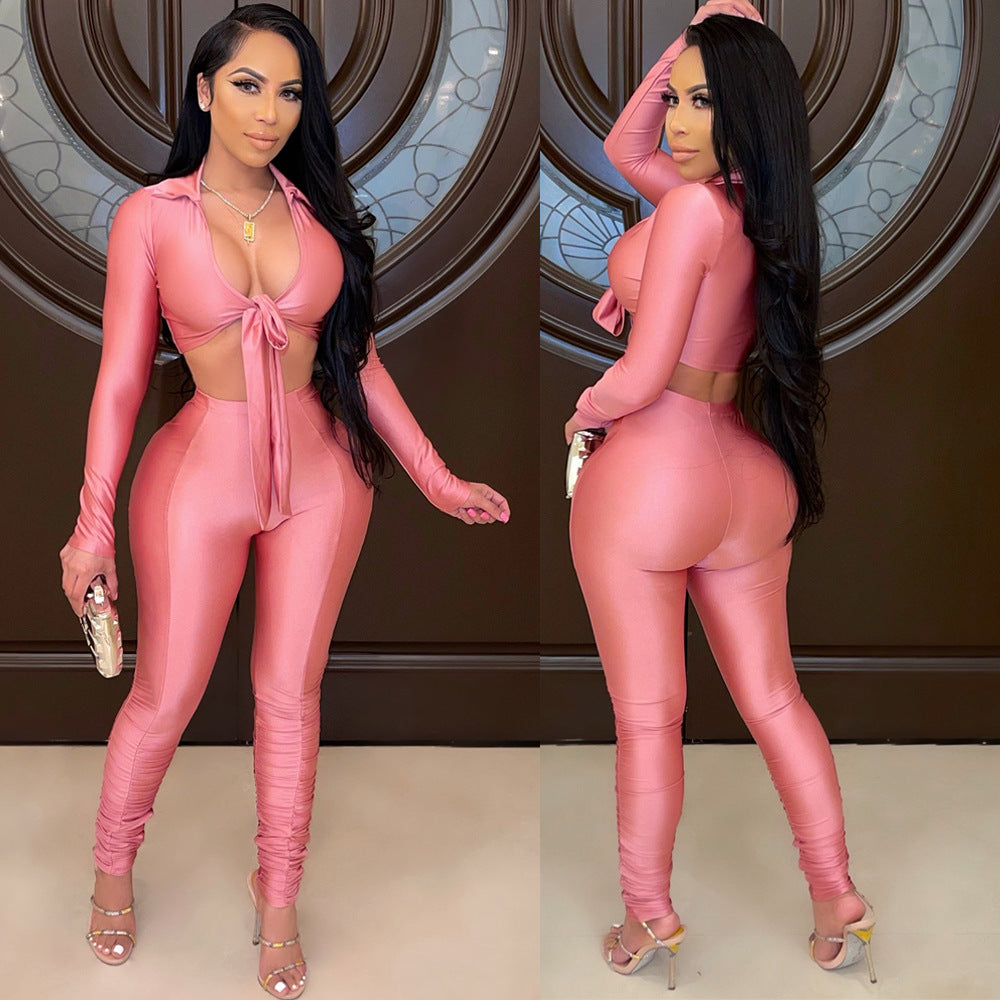 Fashion Casual Tight Fitting Two Piece Bow Long Sleeve Blouse Pants Two Piece Set 7