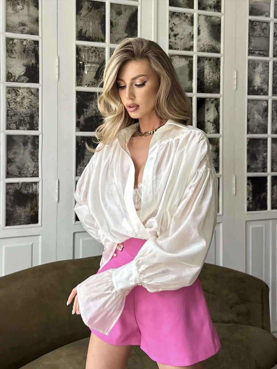 Satin Shirt Women's Lantern Long Sleeve Casual Tops 6