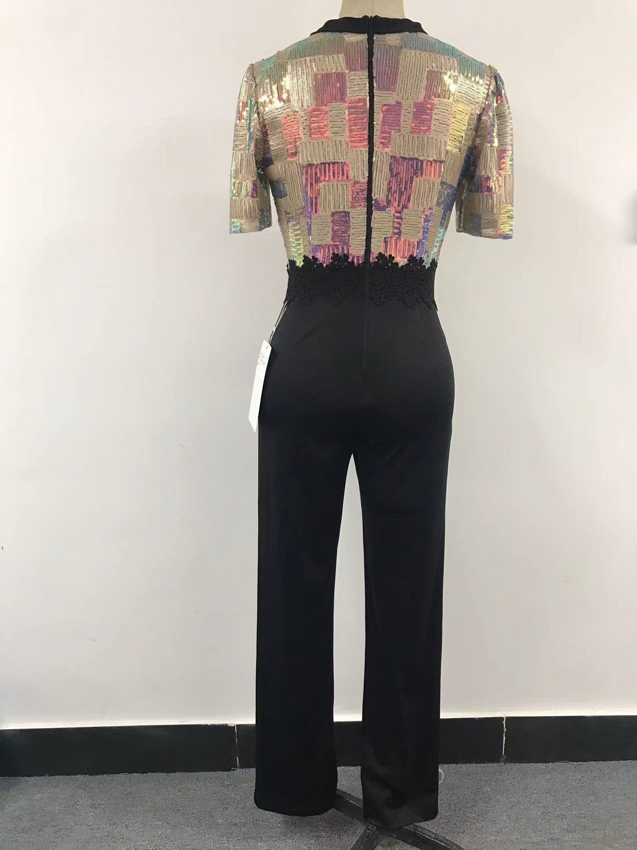 sexy plaid sequins patchwork short sleeve forma jumpsuit 12