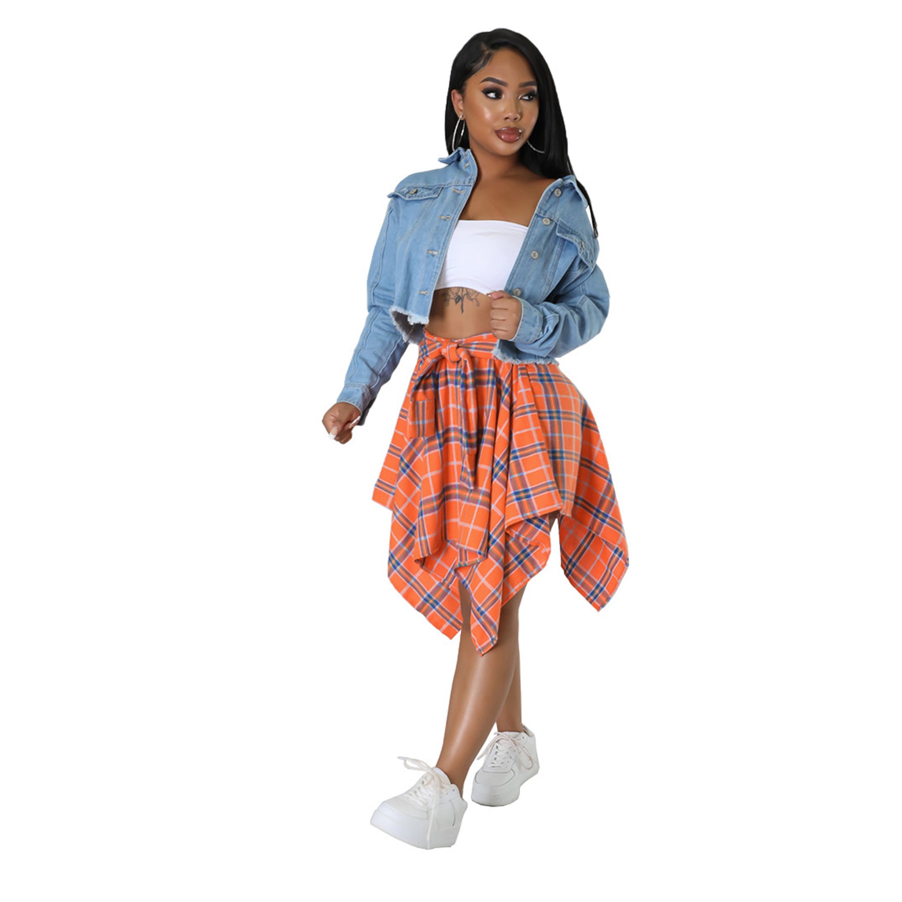 Fashionable Asymmetrical High-Waist Patchwork Plaid Skirt 5