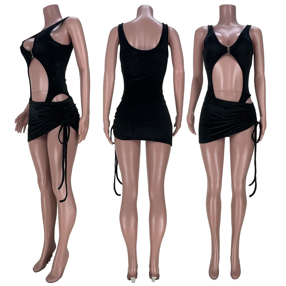 Fashion Casual Women's Velvet Sexy Beach Bodysuit Drawstring Skirt Two Piece Set 17