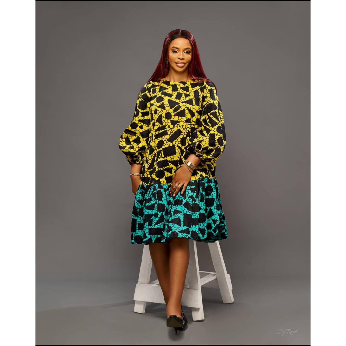 Women Printed Lace-Up Balloon Sleeves Loose Large Hem Round Neck Dress 12