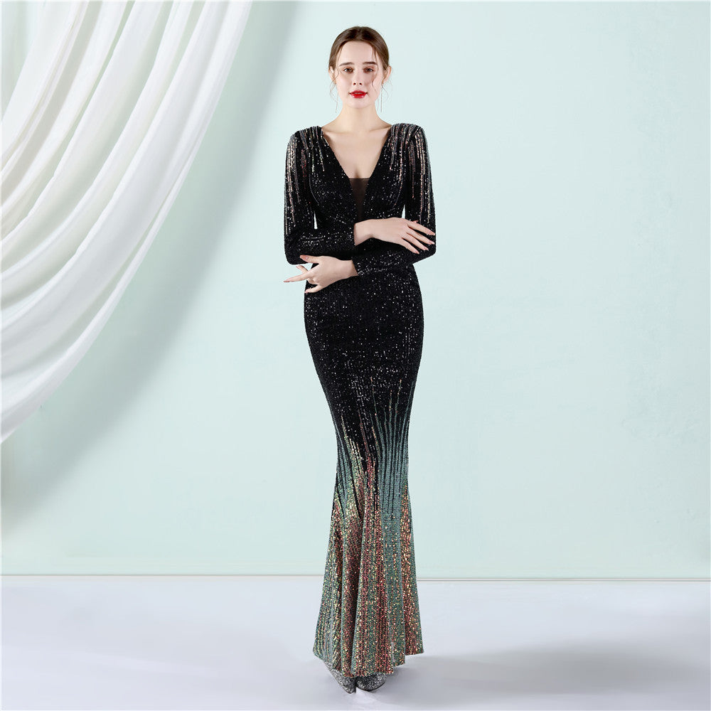 Women Spring Formal V-neck Full Sleeves Gradual change Sequined Mermaid Evening Dress 3