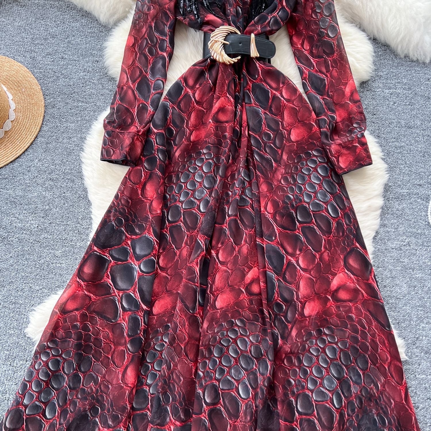 Fashionable Women's Beaded Sequin Embroidery V neck Slim Waist Long Sleeve Leopard Print Elegant Long Dress 11