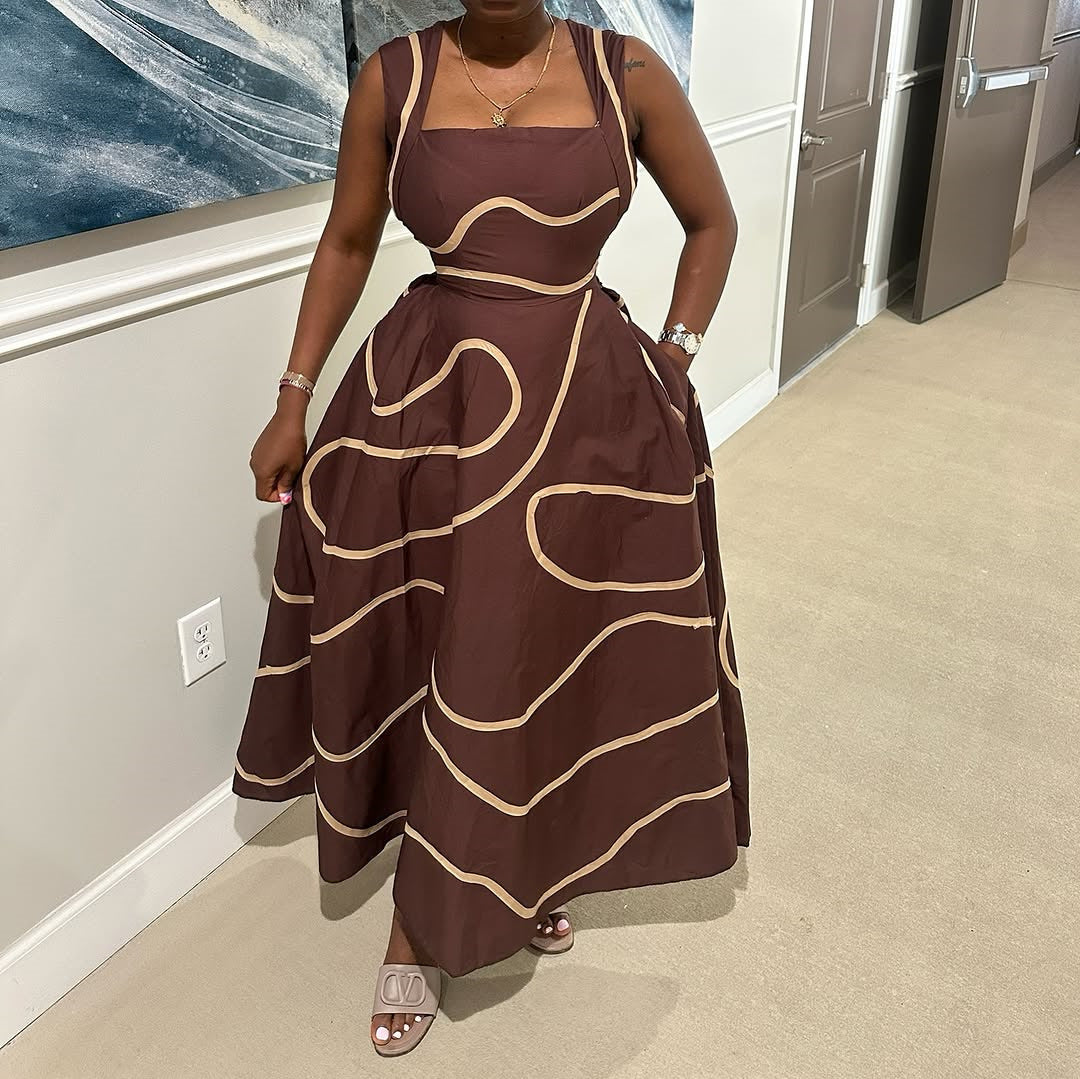 Women's Summer Fashion Strap Square Neck Printed Slim Waist A-Line Dress 3