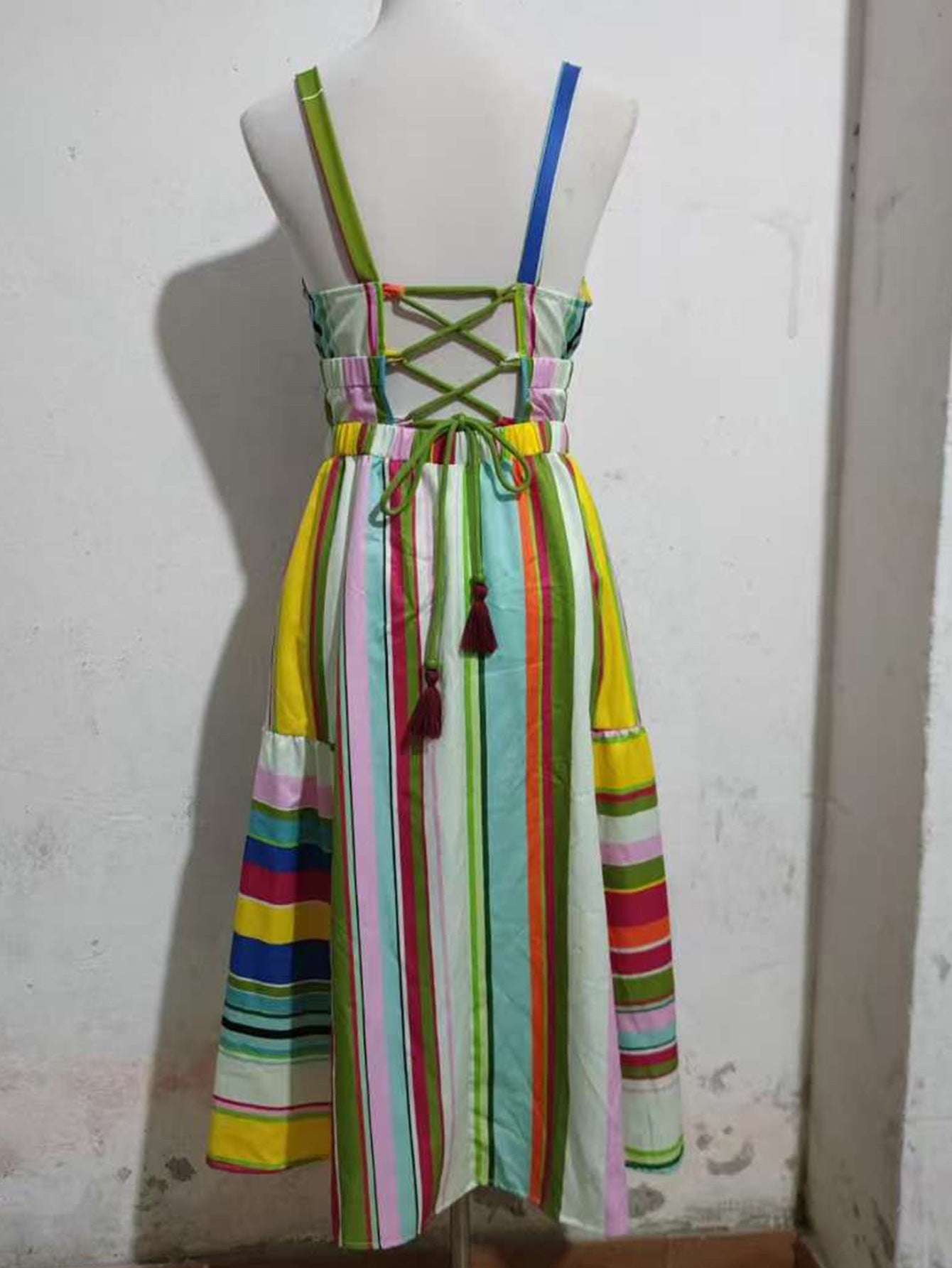 Women Bohemian Holidays Back Hollow Tassel Lace-Up Pocket Stripe Strap Dress 7