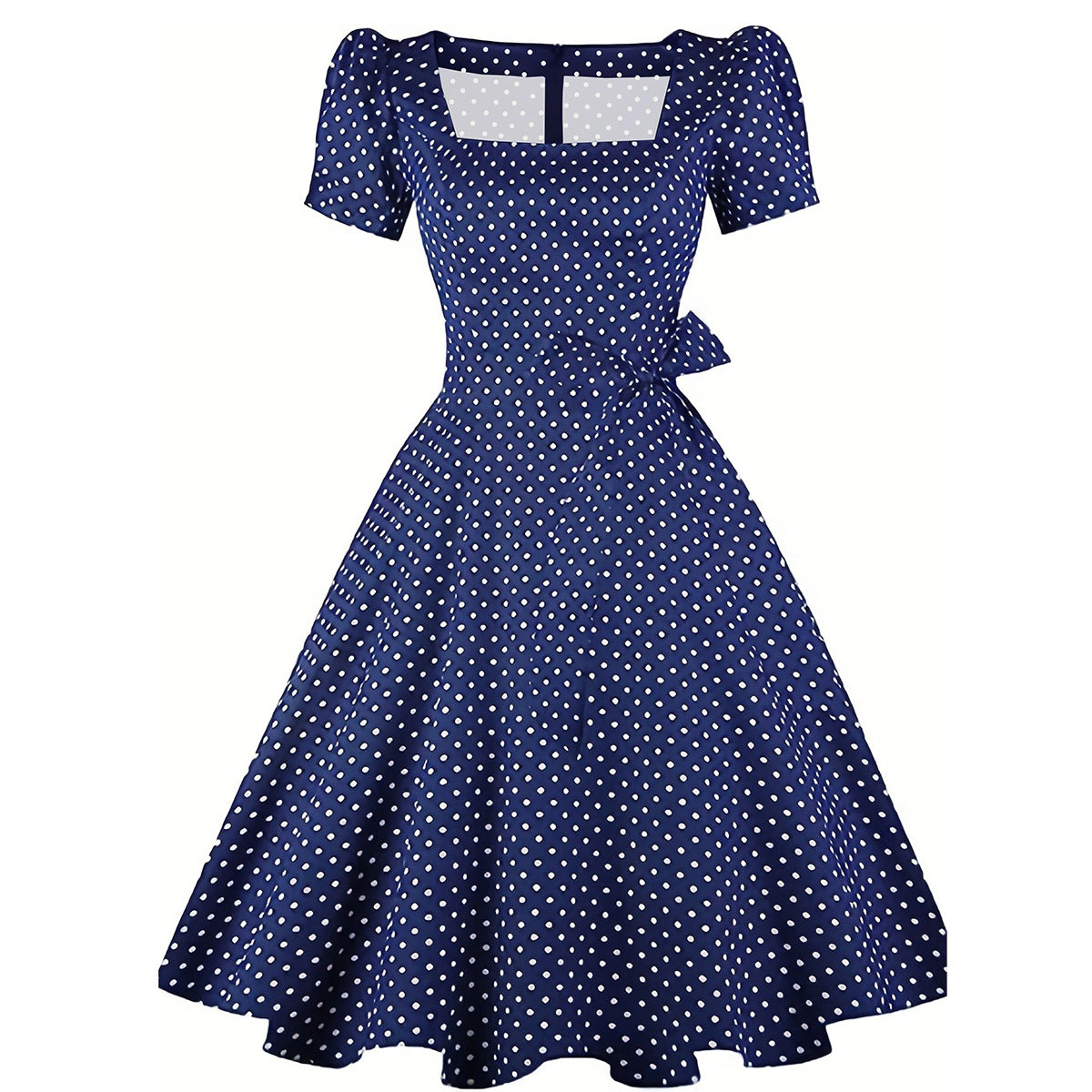 Women's Polka Dot Belted Slim Waist Puff Sleeve Retro Swing Dress 6
