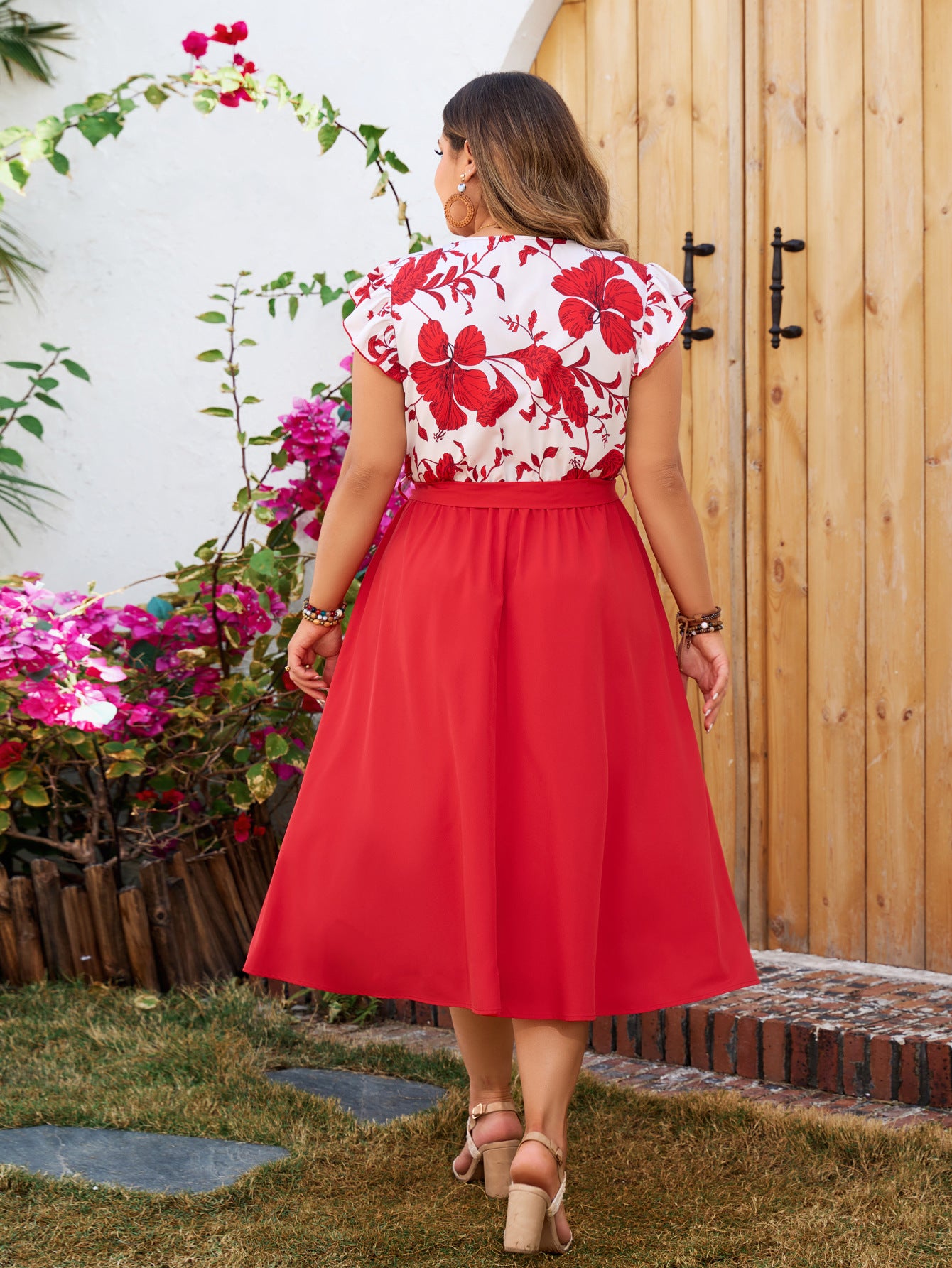 Plus Size print Patchwork red short-sleeved dress 3