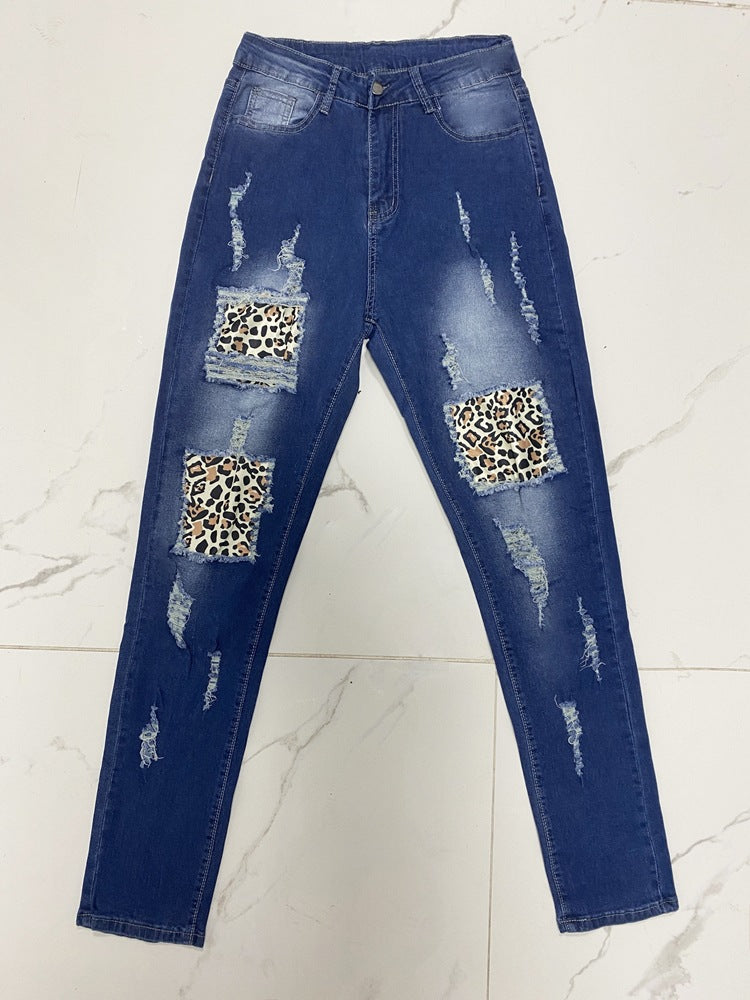 Ripped Women's Leopard Print Patch High Waist Denim Pants 3