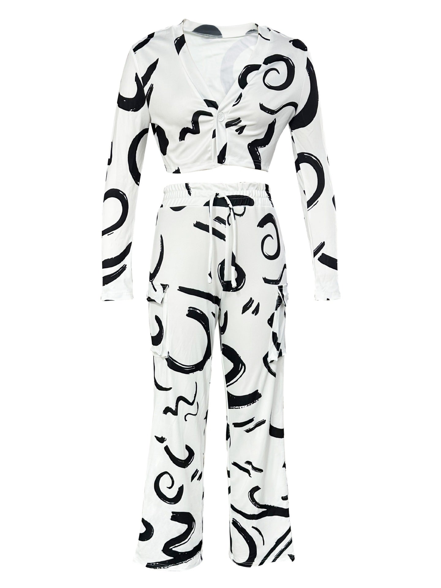 Women Autumn and Winter Geometric Line Print Casual Sexy Short Top and Pant Two-piece Set 12