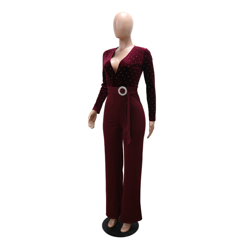 Women sexy v-neck long-sleeved Beaded wide-leg Jumpsuit 7