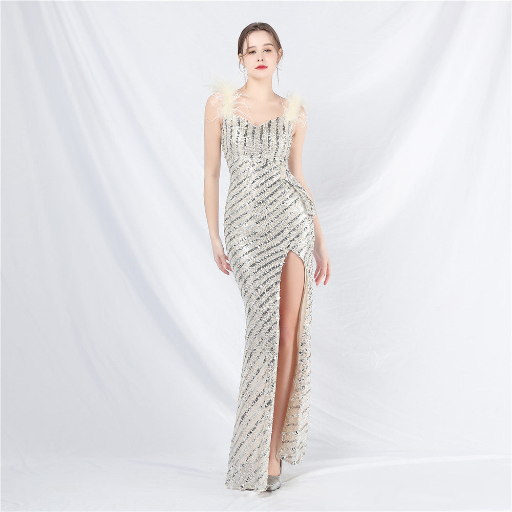 Feather Beaded Side Slit Evening Dress 9