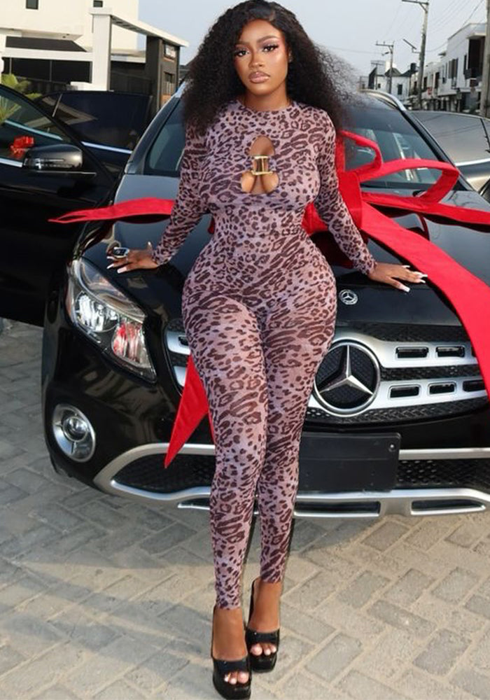 Women's Spring Round Neck Long Sleeve Leopard Print Sexy Hollow Tight-Fitting Jumpsuit