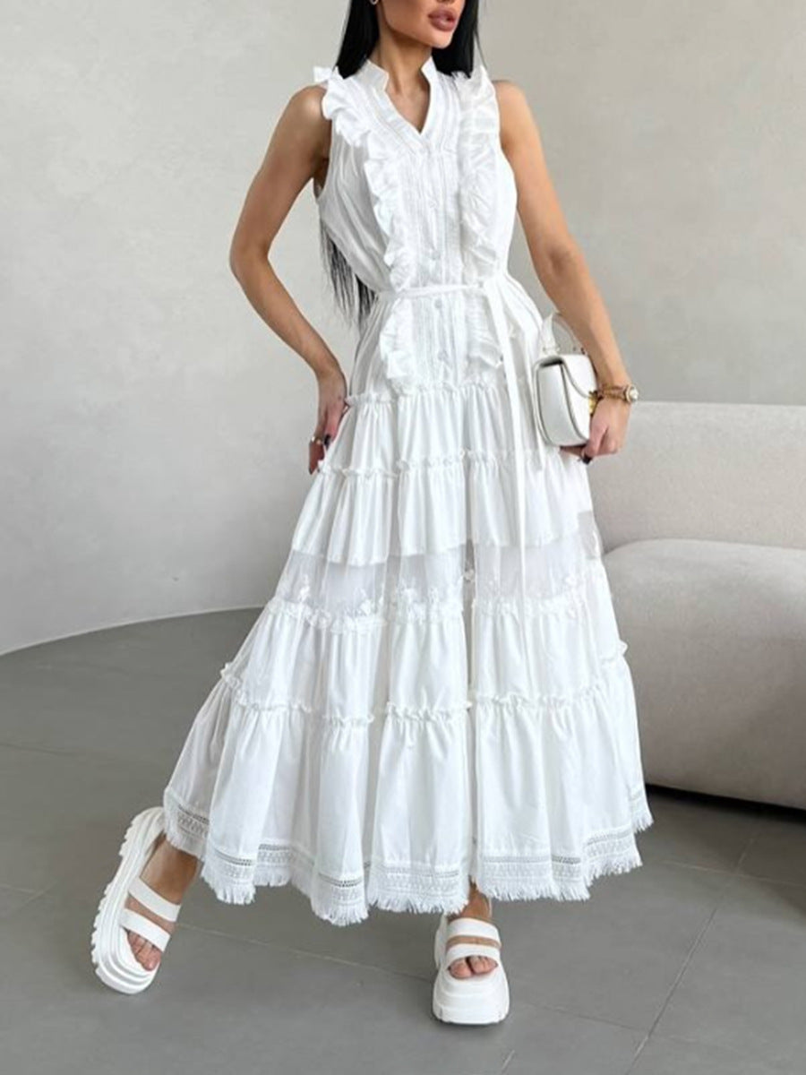 Women's Sleeveless Ruffle Chic Slim Waist Fashion Long Dress 10