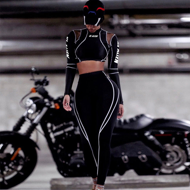 Spring Women's See-Through Mesh Patchwork Printed Slim Long Sleeve Casual two piece pants set 3