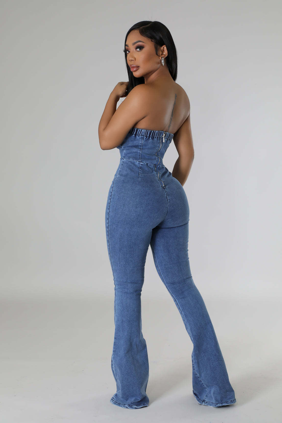 Women Casual Sexy Strapless Backless Adjustable Strap Denim Jumpsuit 5