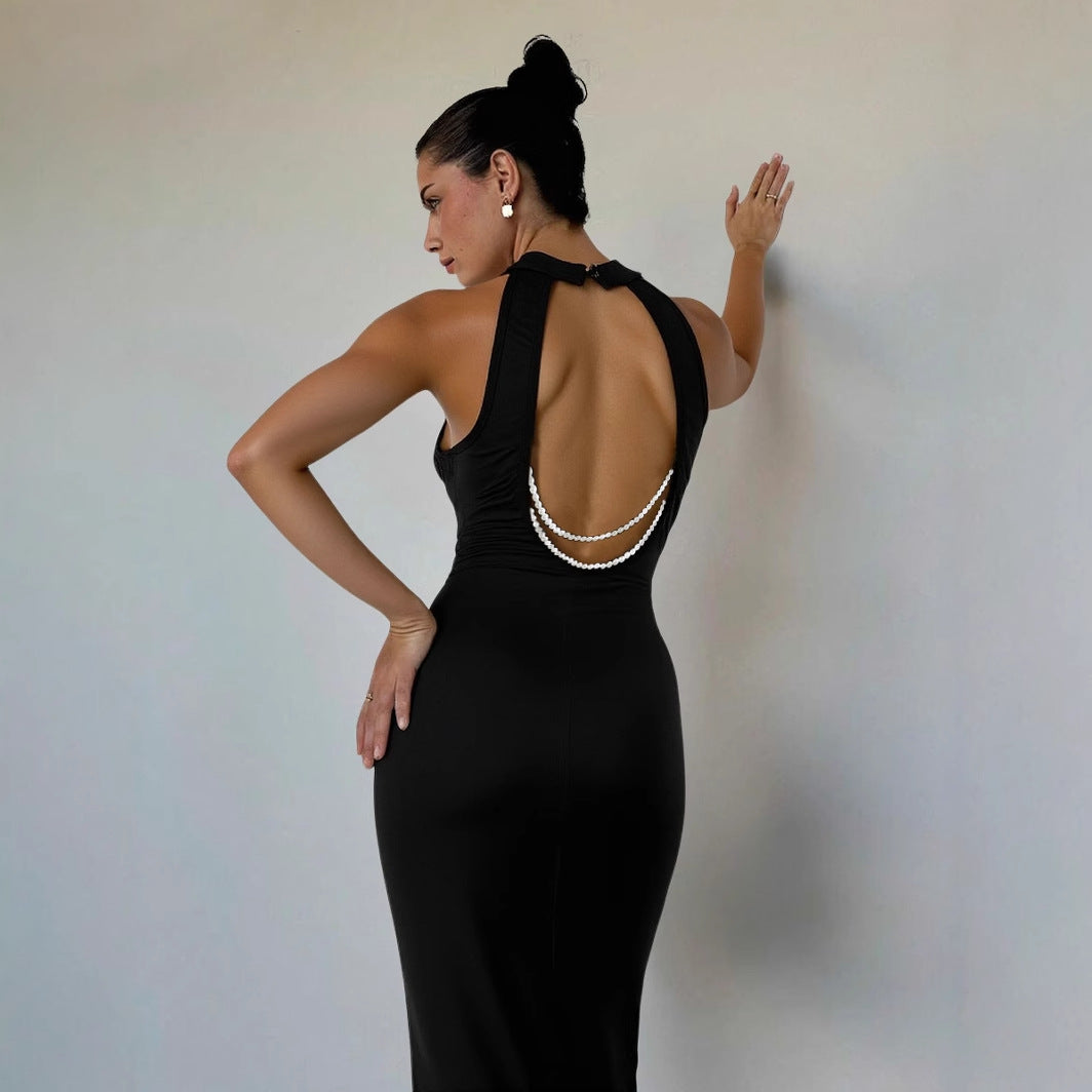 Women Halter Neck sexy Backless pearl chain fishtail Strapless dress 3