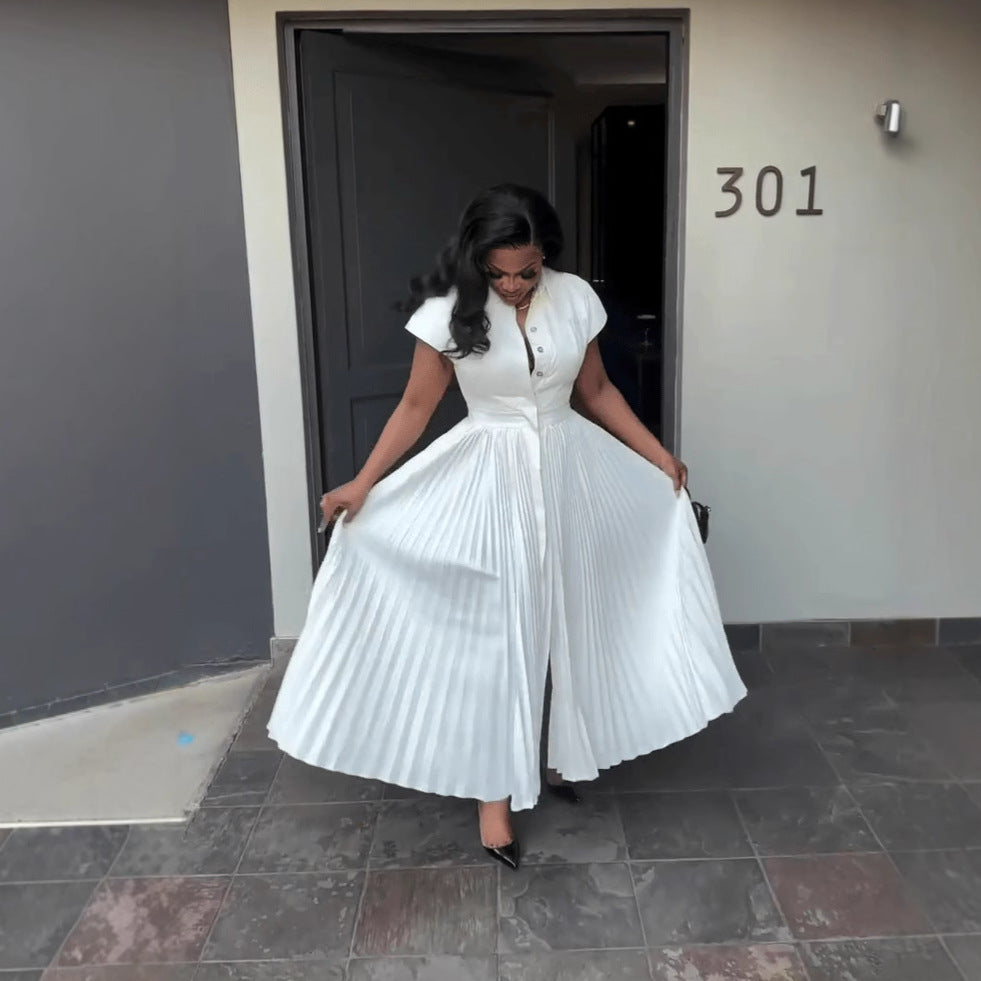 Women Short Sleeve Pleated Shirt Dress