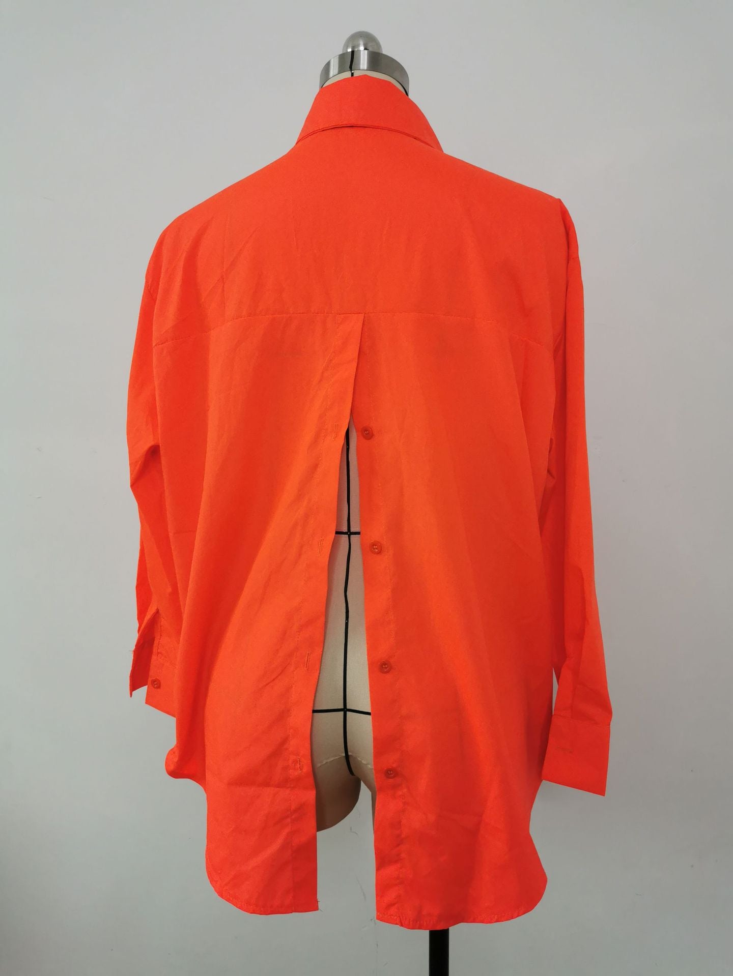 Women Solid Style Long Sleeve Back Slit Loose Shirt 18