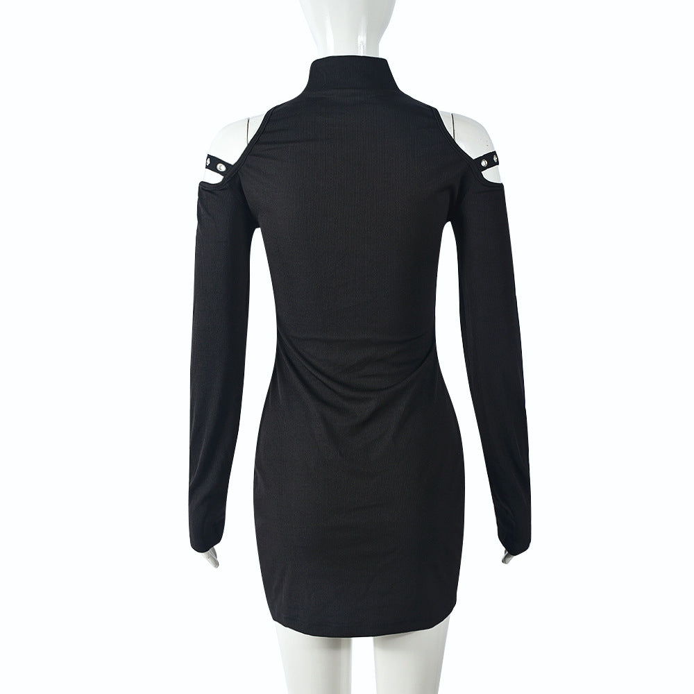 Women Spring Printed Half Turtle Neck Off Shoulder Long Sleeve Dress 11