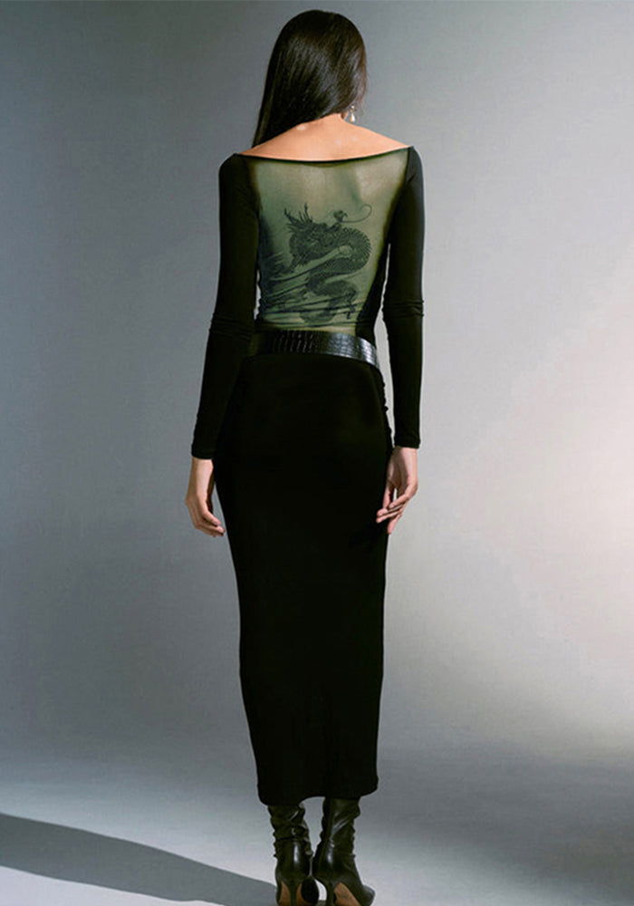 Women's Autumn Casual Patchwork Mesh Dragon Print Long Sleeve Slim Dress