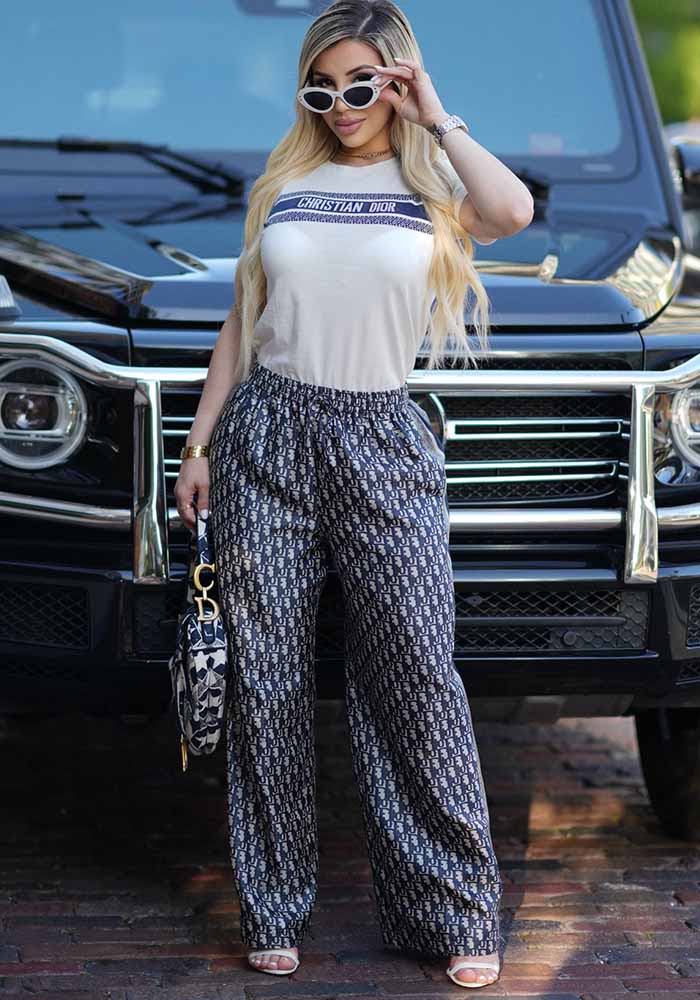 Women's Fashion Chic Elegant Round Neck Short-Sleeve Top Straight Wide-Leg Pants Casual Set