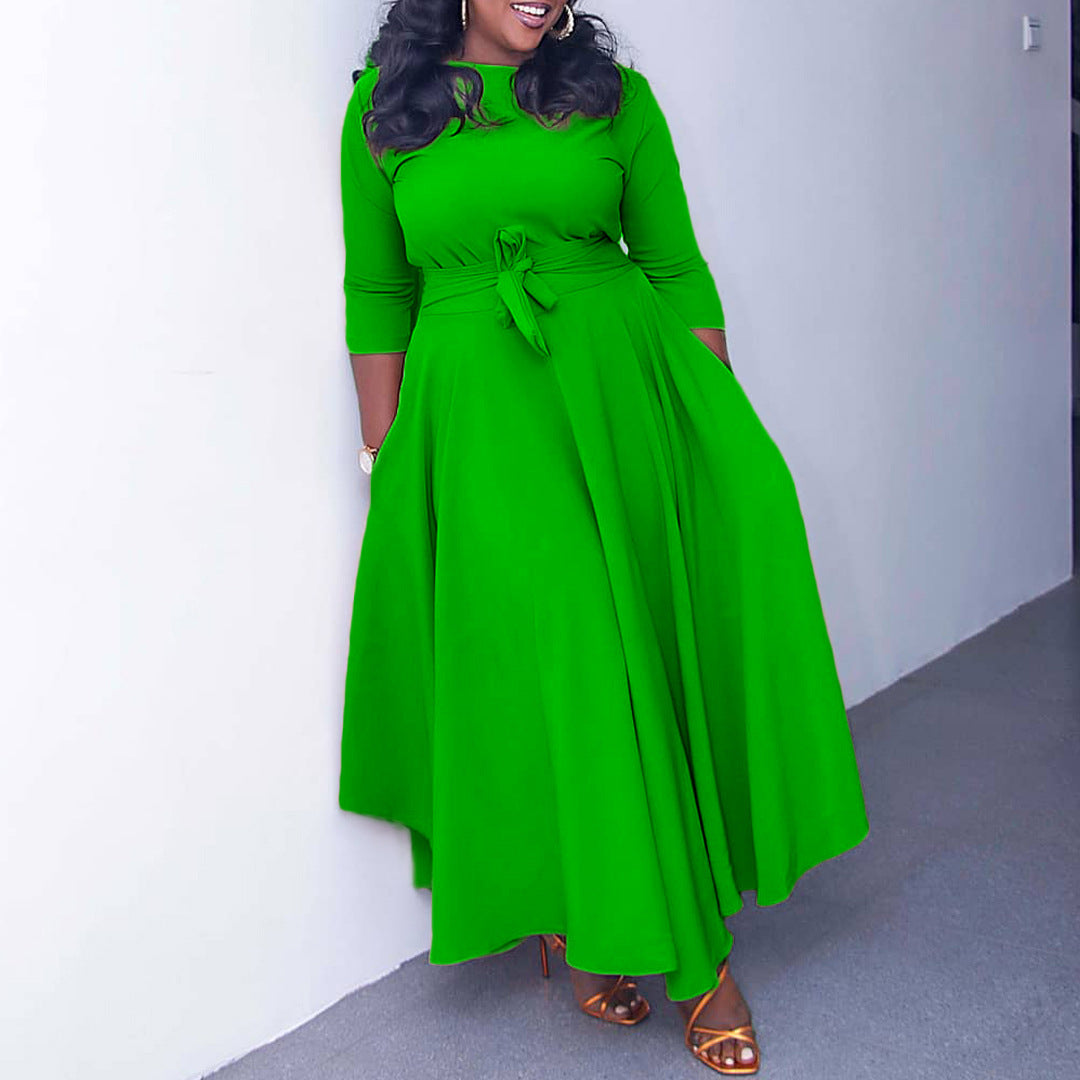Women's Fall Winter Fashion Chic Solid long sleeve Belted African Plus Size Maxi Dress 6
