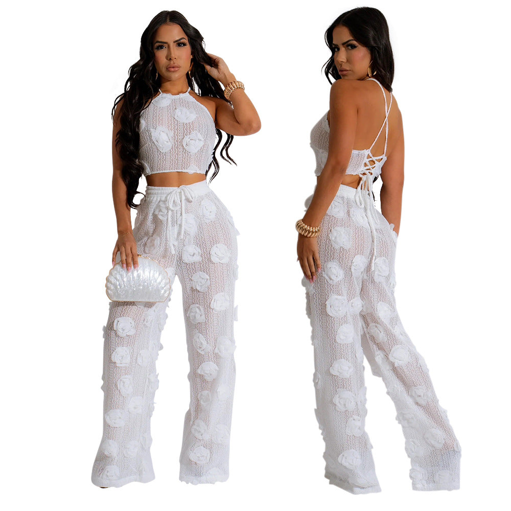 Women Solid Color See-Through Lace-Up Top Loose Slim Pants Two-Piece Set 9