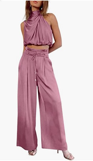 Women Summer Casual Sleeveless Crop Top Wide-leg Pants Two Piece Set 8