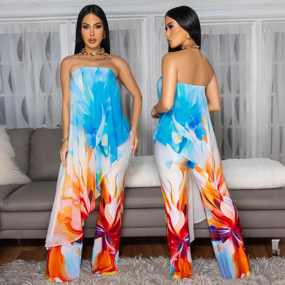 Women Printed Strapless Top and Long Pants Two-Piece Set 3
