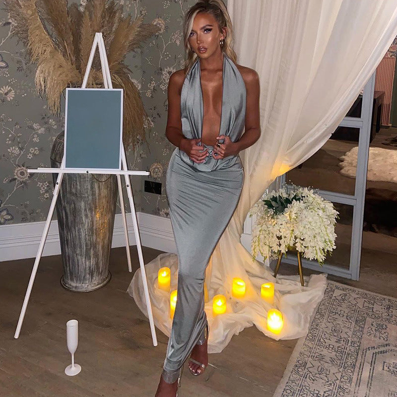 Summer Fashion Chic Sexy V-Neck Halter Neck Low Back Slim Sleeveless Dress 4