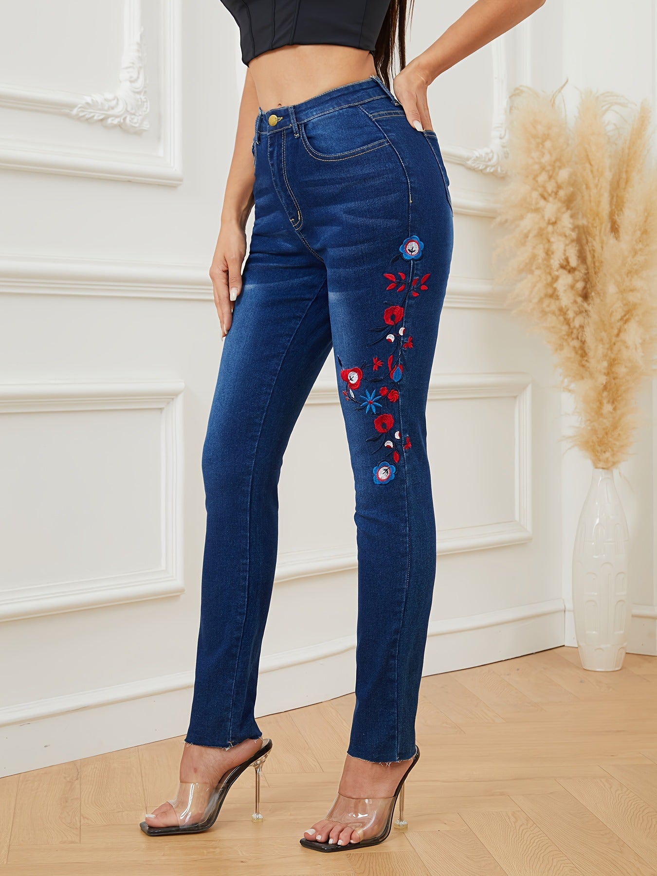 Women Embroidered High Waist Stretch Denim Pants