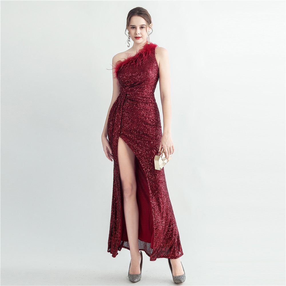 Women Ostrich Fur Slash Shoulder Roman Neck Sequined Evening Dress 4