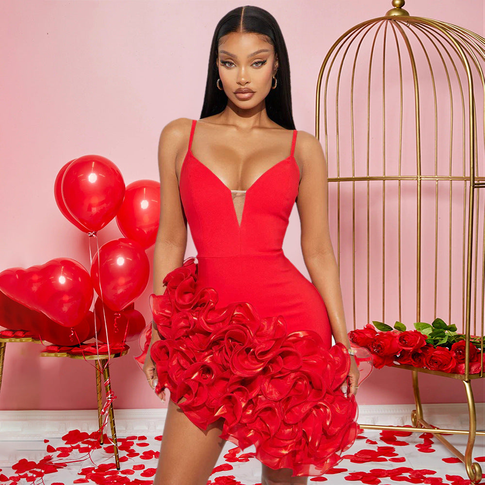 Women Sexy Strapless Solid Lotus Lace Irregular Dress 4