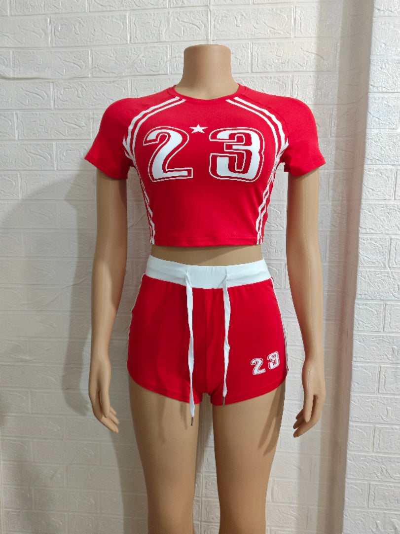 Women Contrast Color Digital Print Short Sleeve Crop Top and Shorts Two Pieces 9