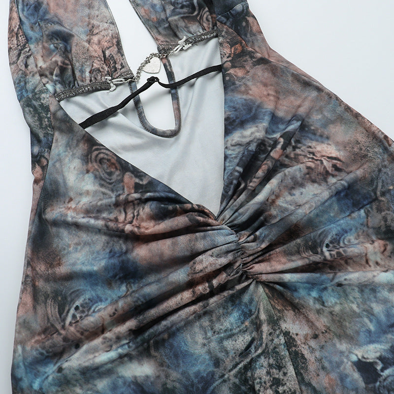 Women Printed Sexy Backless Slit Lace Dress 14