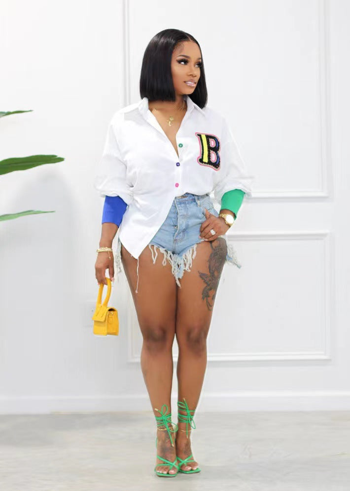 Fall/Winter Style Patchwork Embroidered Appliqued Front Short Back Long Blouse