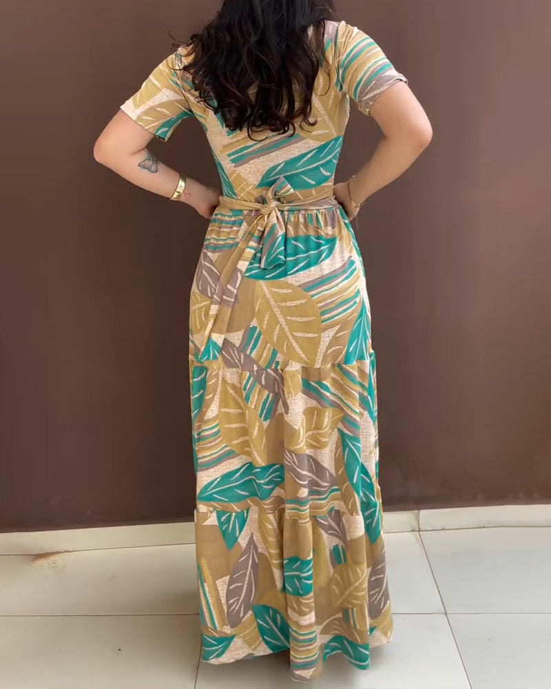 Fashionable Floral Print Short Sleeve Tie Slim Waist Holiday Long Dress 4