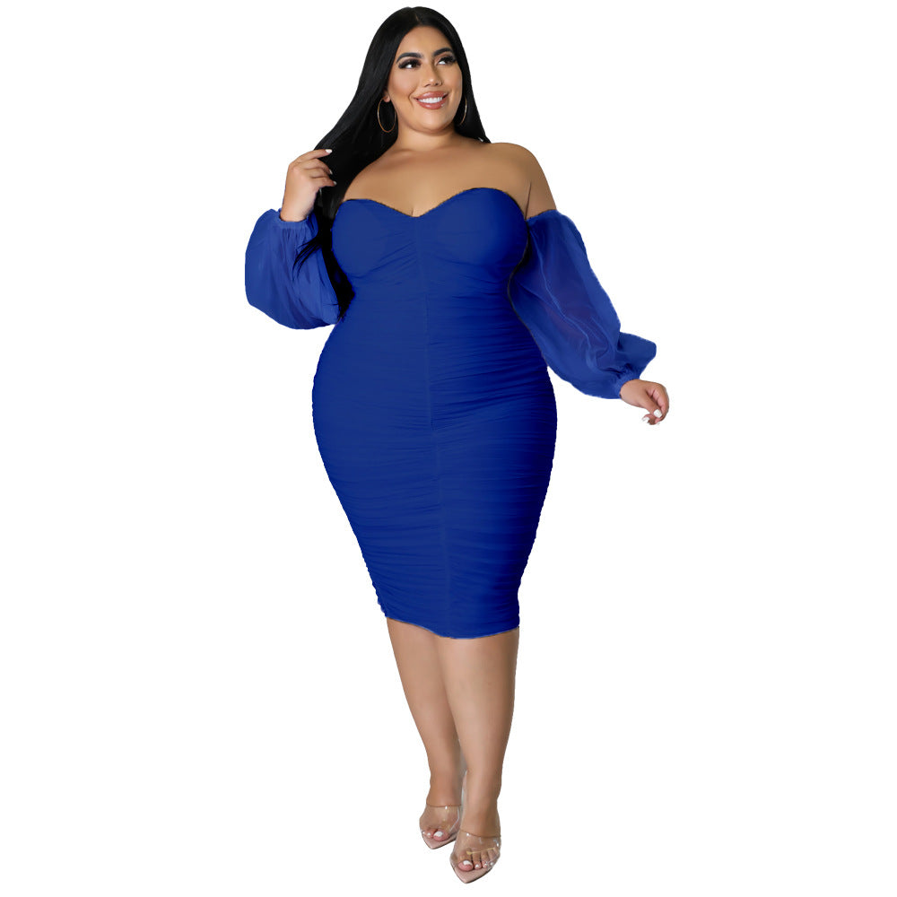 Plus Size Women Mesh Pleated Long Sleeve Dress 14