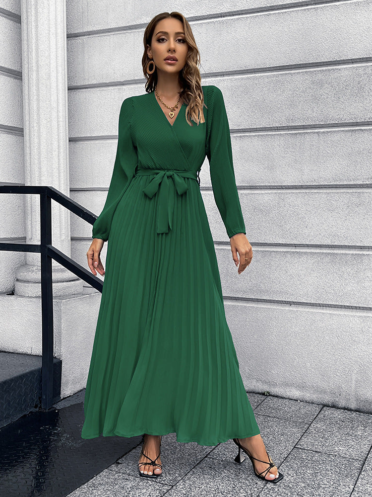 Women Autumn V-Neck Long Sleeve Pleated Maxi Dress 5