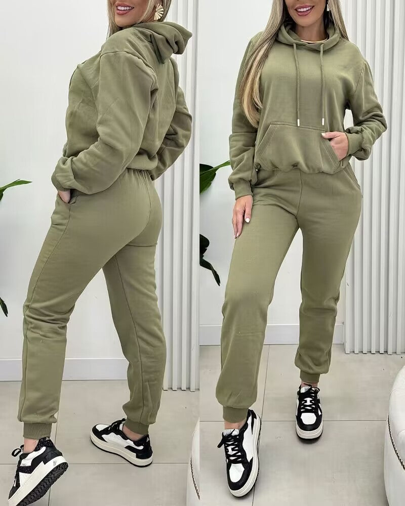 Women's Solid Color Casual Sports Hooded Two Piece Tracksuit 4